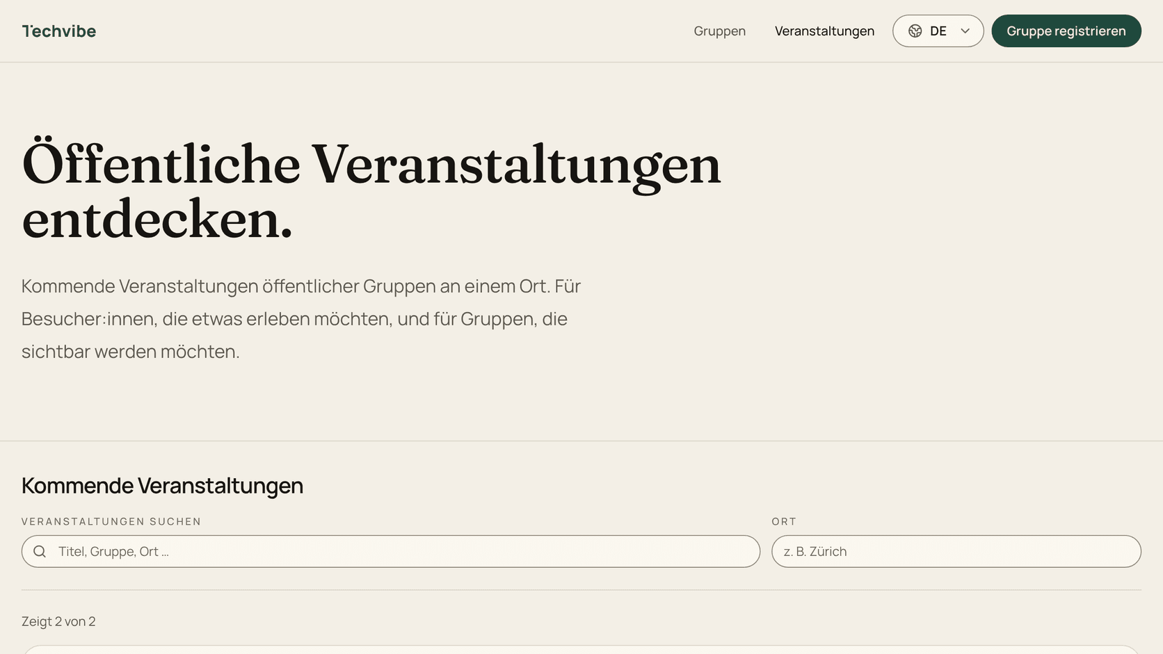 Screenshot: öffentliche Veranstaltungsseite des Verzeichnisses